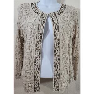 Peter Nygard Tan Beige Crochet Bead Overlay Open Front Blazer 8 Lightweight Soft